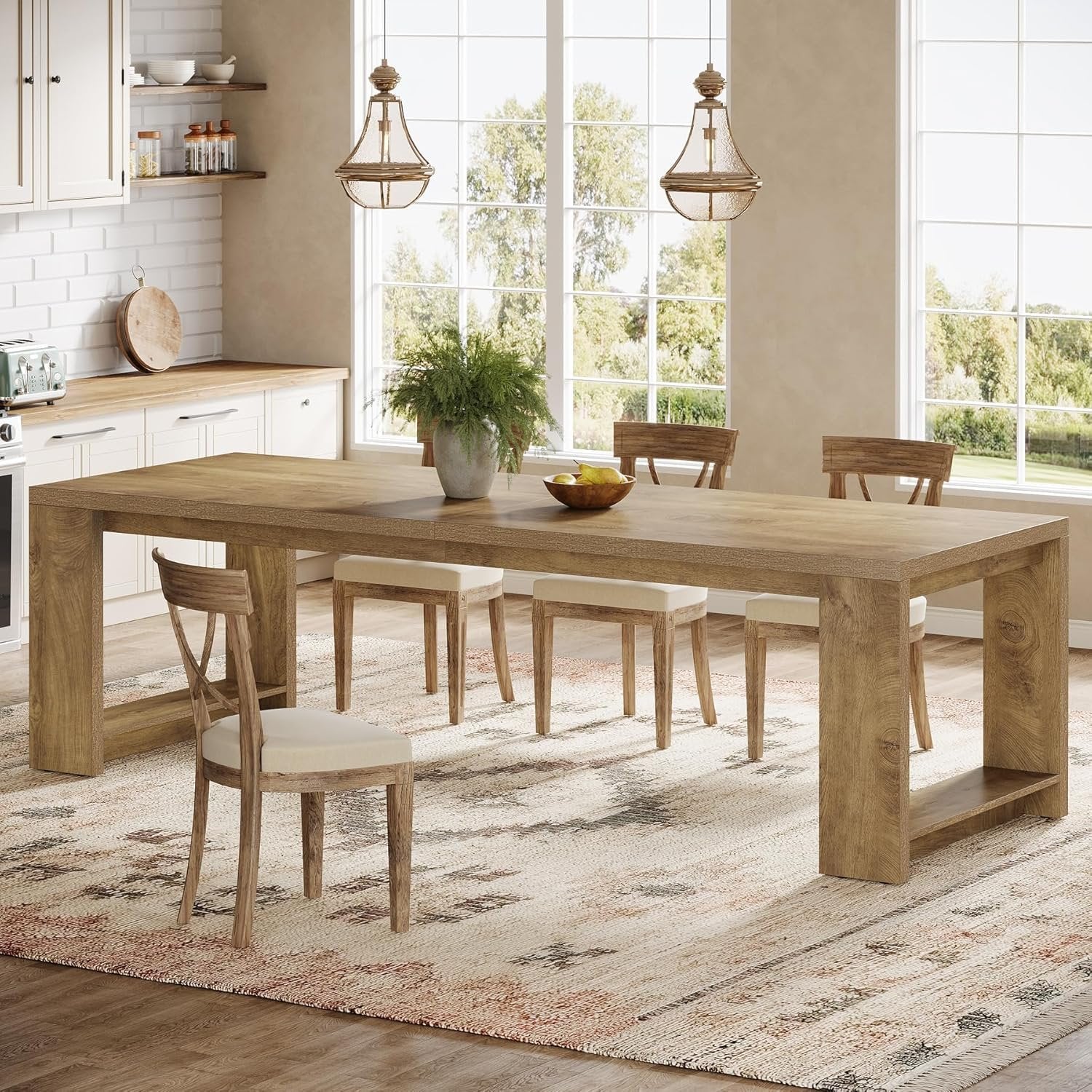 220cm Farmhouse Dining Table for 6–8 People, Rectangular Kitchen Table with Solid Wood Pedestal Base