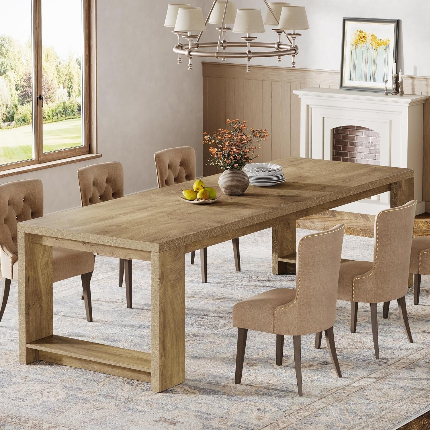 220cm Farmhouse Dining Table for 6–8 People, Rectangular Kitchen Table with Solid Wood Pedestal Base
