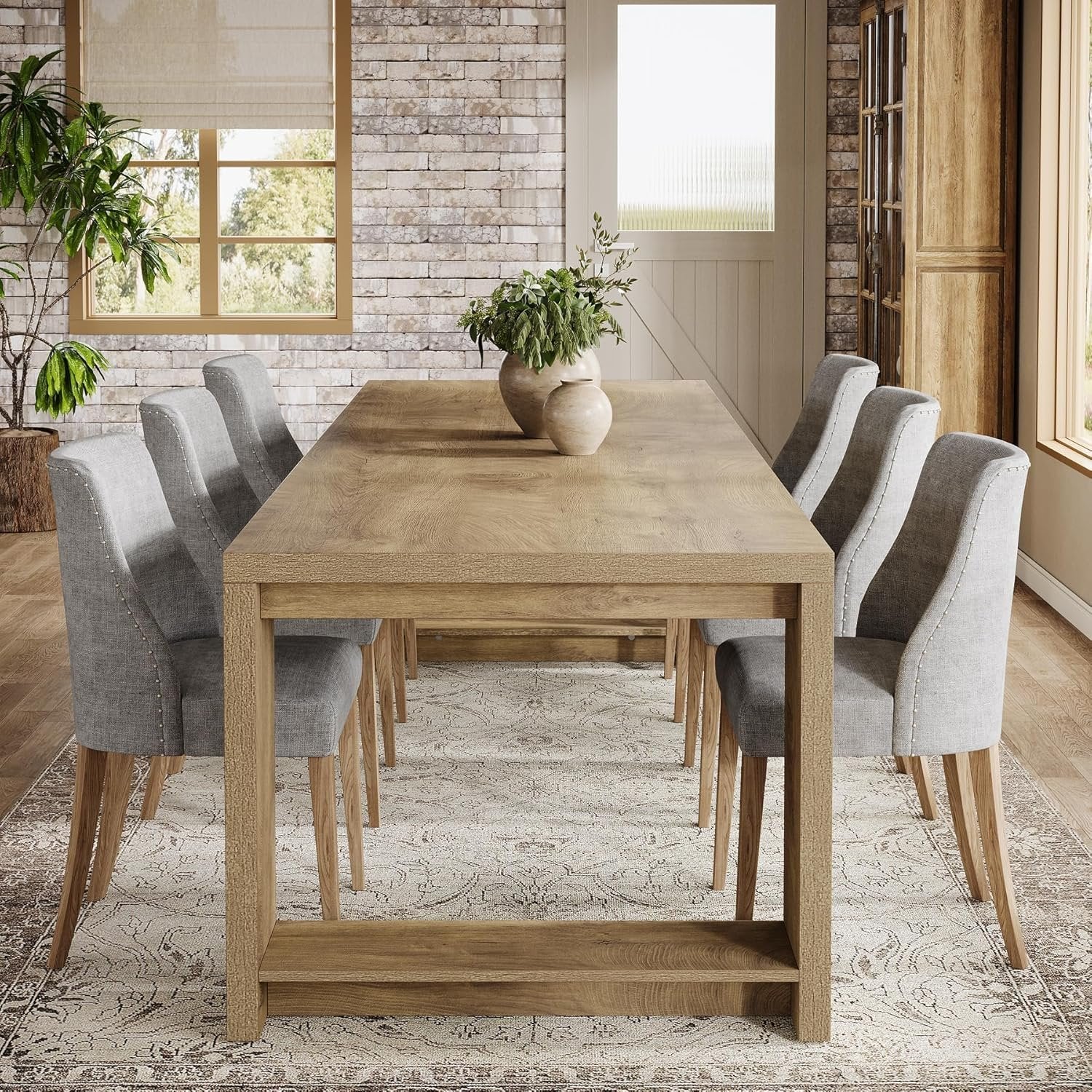 220cm Farmhouse Dining Table for 6–8 People, Rectangular Kitchen Table with Solid Wood Pedestal Base
