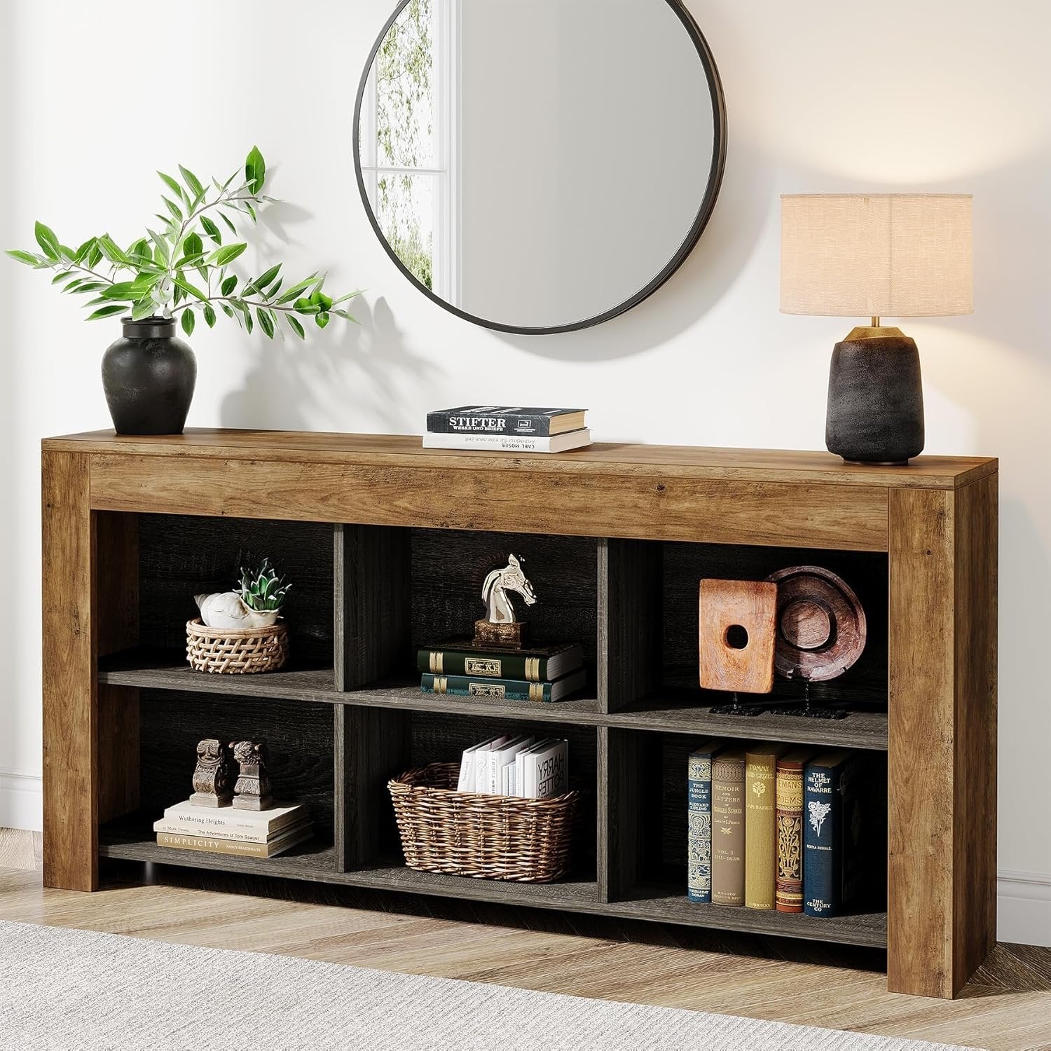 160 cm Console Table with 6 Storage Cubes, Rustic Wood Entryway Table