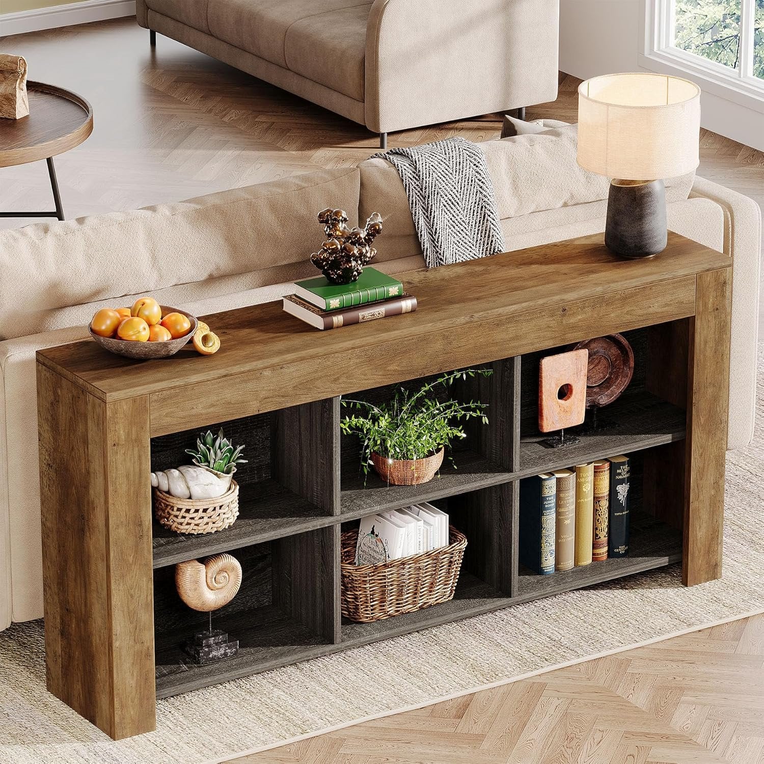 160 cm Console Table with 6 Storage Cubes, Rustic Wood Entryway Table