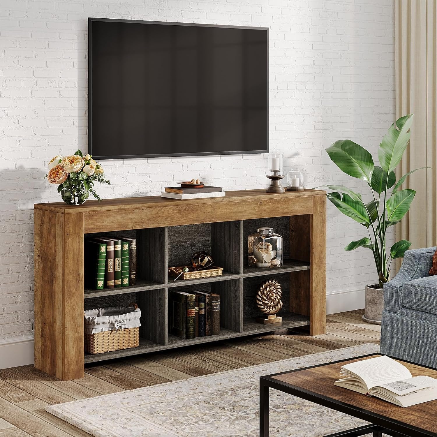 160 cm Console Table with 6 Storage Cubes, Rustic Wood Entryway Table