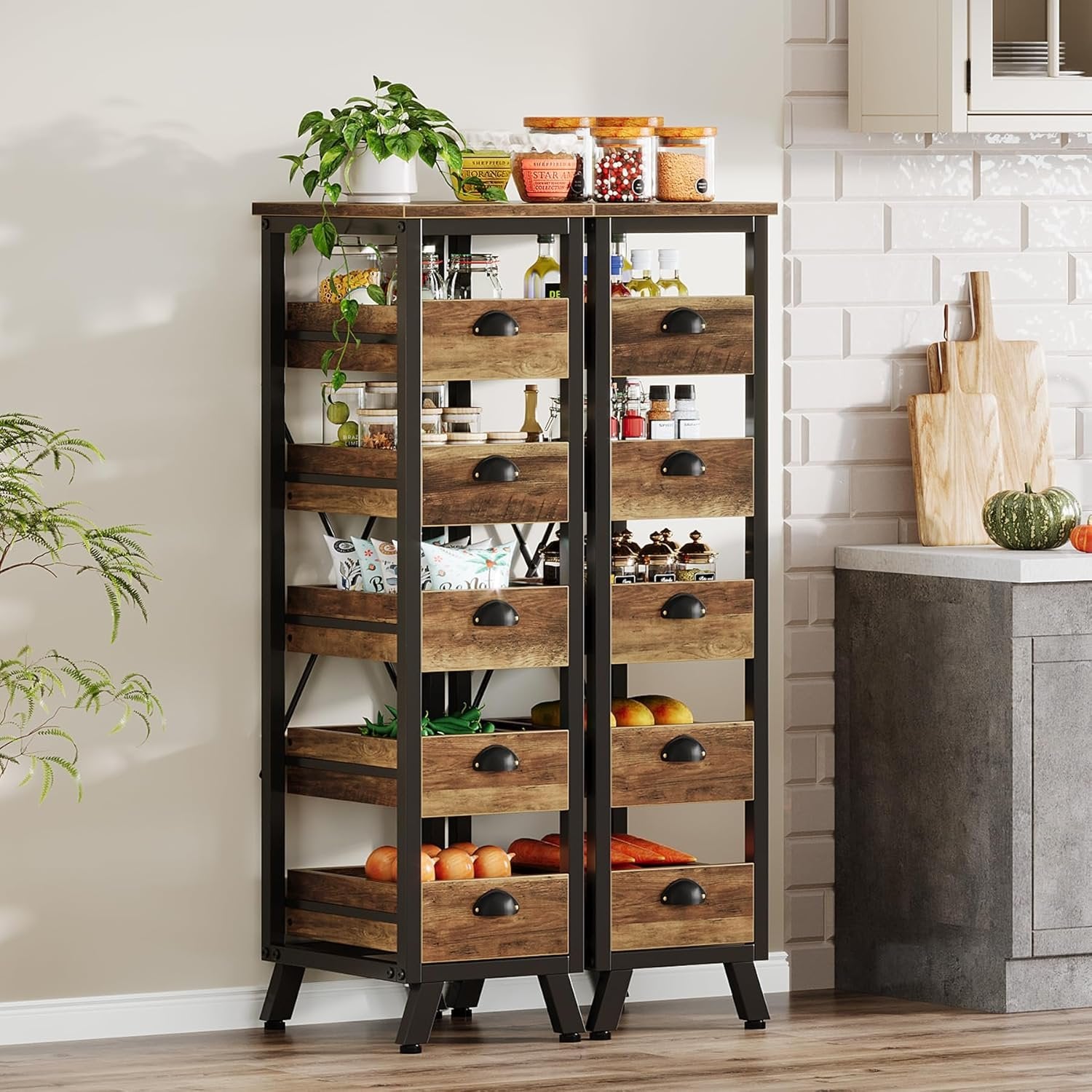 5-Tier Wooden Basket Stand, Set of 2 Narrow Pull-Out Kitchen Storage Organisers
