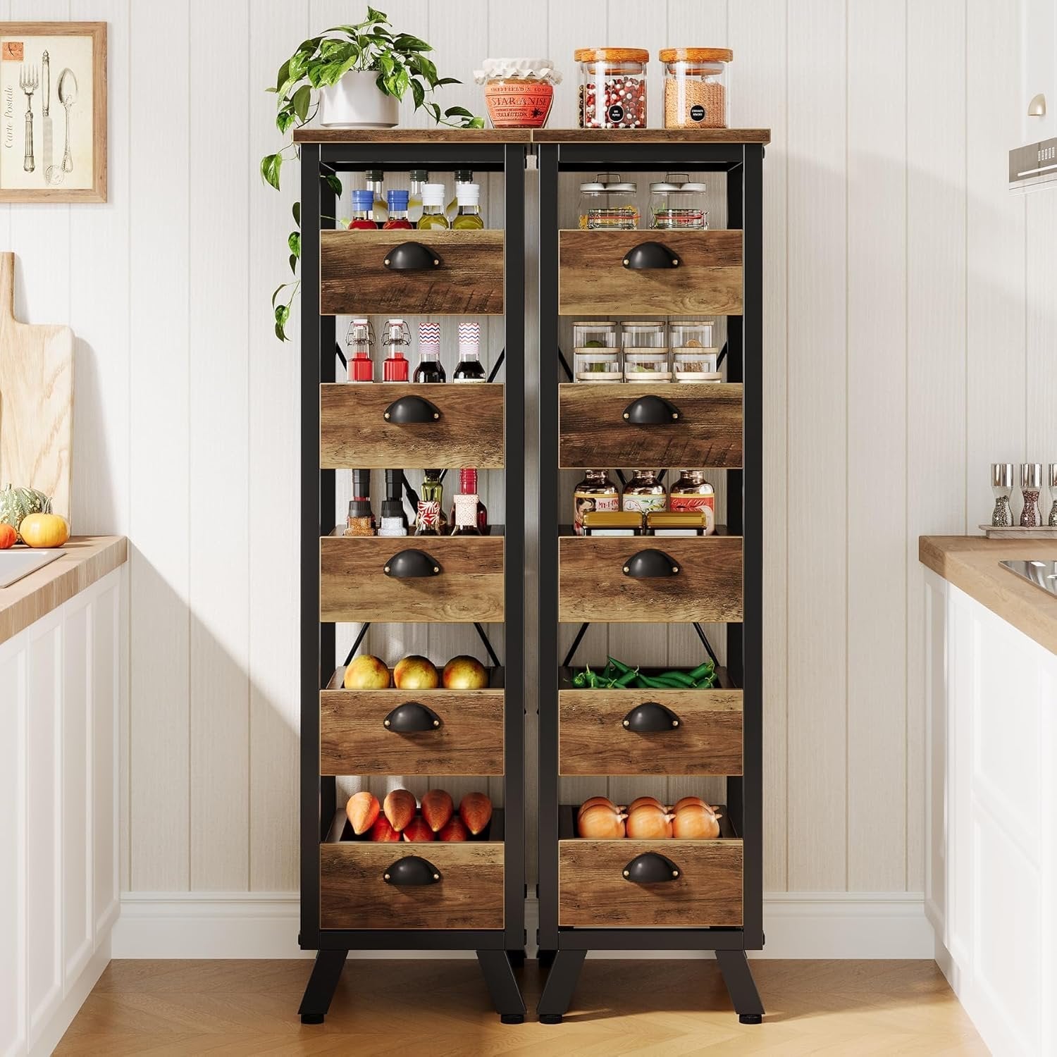 5-Tier Wooden Basket Stand, Set of 2 Narrow Pull-Out Kitchen Storage Organisers