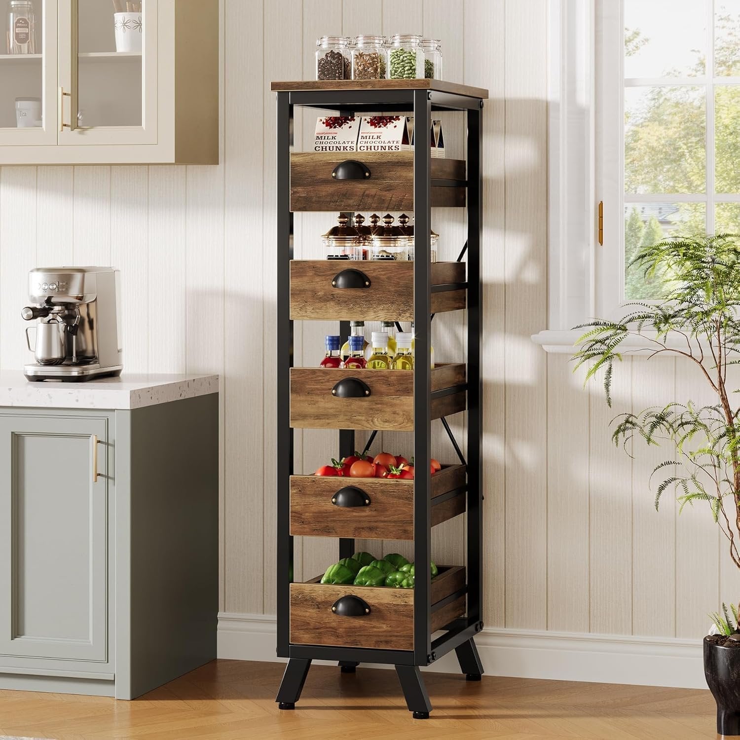 5-Tier Wooden Basket Stand, Set of 2 Narrow Pull-Out Kitchen Storage Organisers