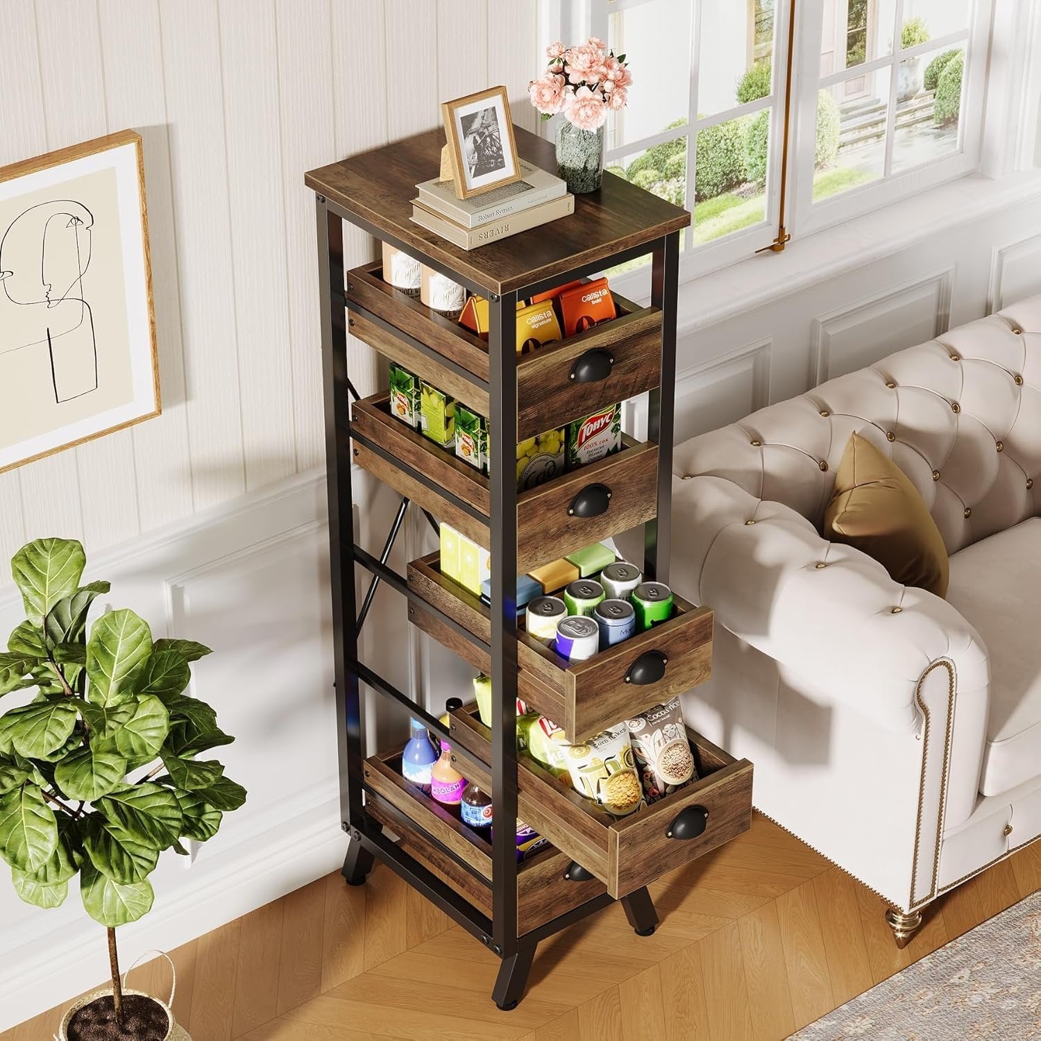 5-Tier Wooden Basket Stand, Set of 2 Narrow Pull-Out Kitchen Storage Organisers