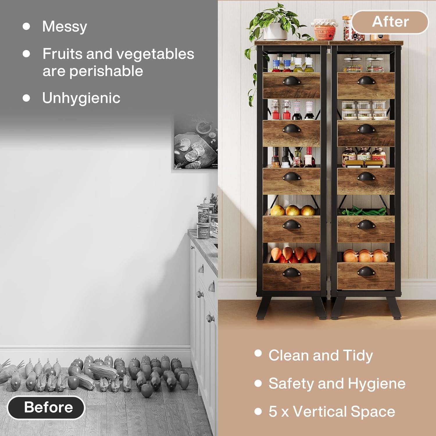 5-Tier Wooden Basket Stand, Set of 2 Narrow Pull-Out Kitchen Storage Organisers