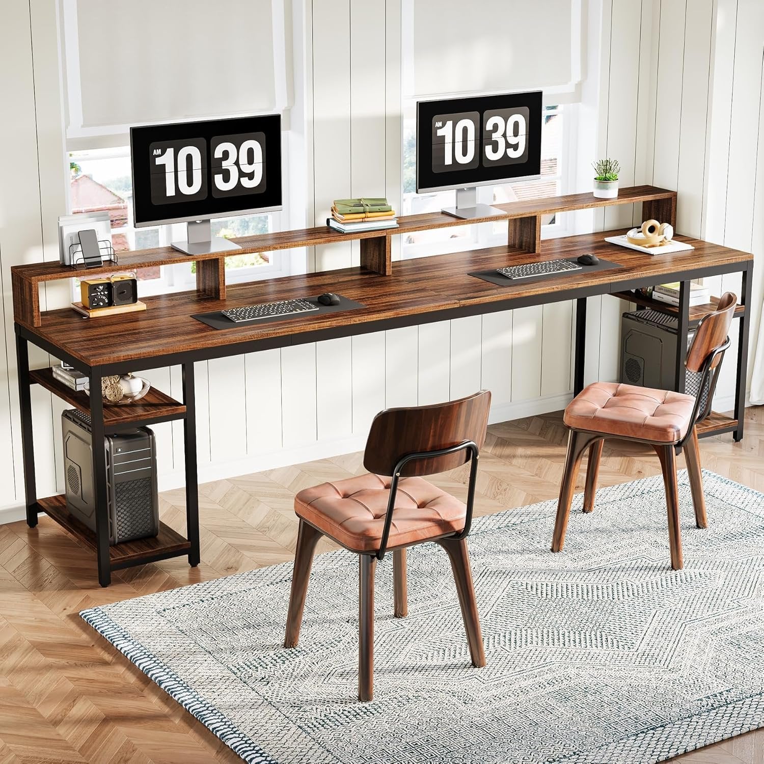 200cm Two-Person Desk, Long Computer Desk with Monitor Stand and Storage Shelves