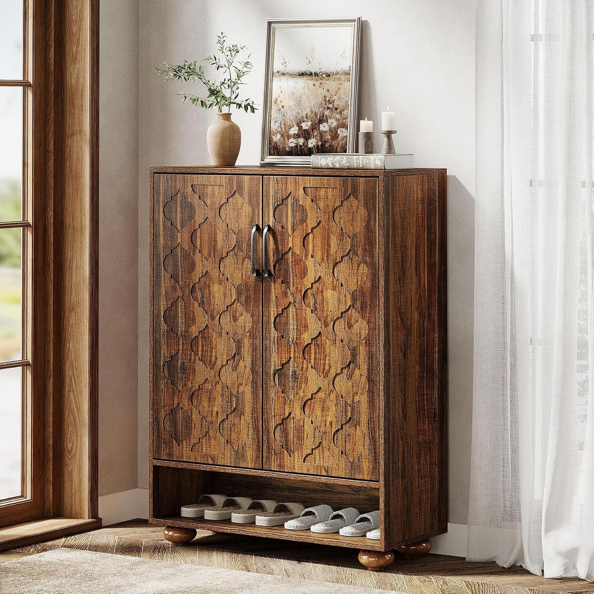 24 Pair Shoe Cabinet with Adjustable Shelves, Farmhouse Entryway Storage