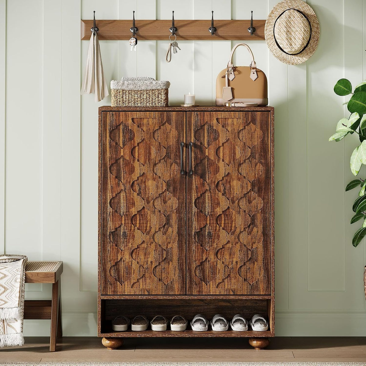 24 Pair Shoe Cabinet with Adjustable Shelves, Farmhouse Entryway Storage
