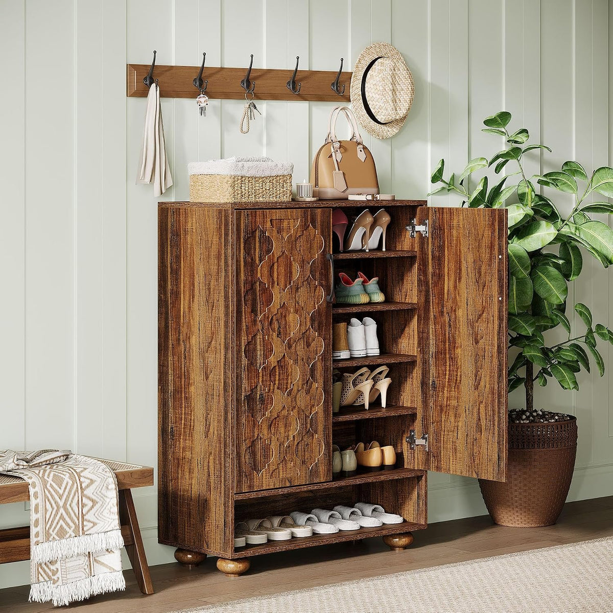 24 Pair Shoe Cabinet with Adjustable Shelves, Farmhouse Entryway Storage