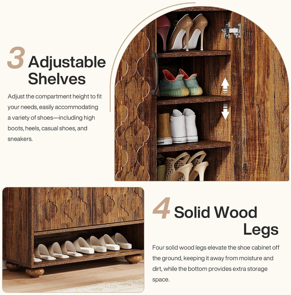 24 Pair Shoe Cabinet with Adjustable Shelves, Farmhouse Entryway Storage