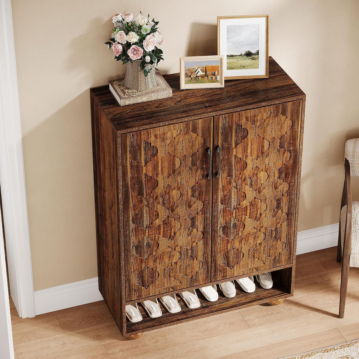 24 Pair Shoe Cabinet with Adjustable Shelves, Farmhouse Entryway Storage