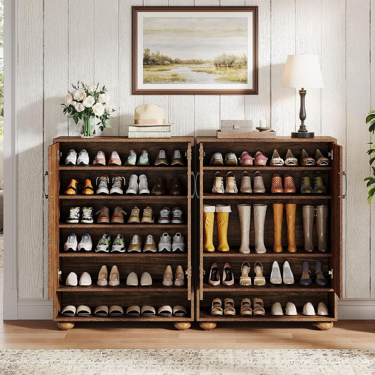 24 Pair Shoe Cabinet with Adjustable Shelves, Farmhouse Entryway Storage