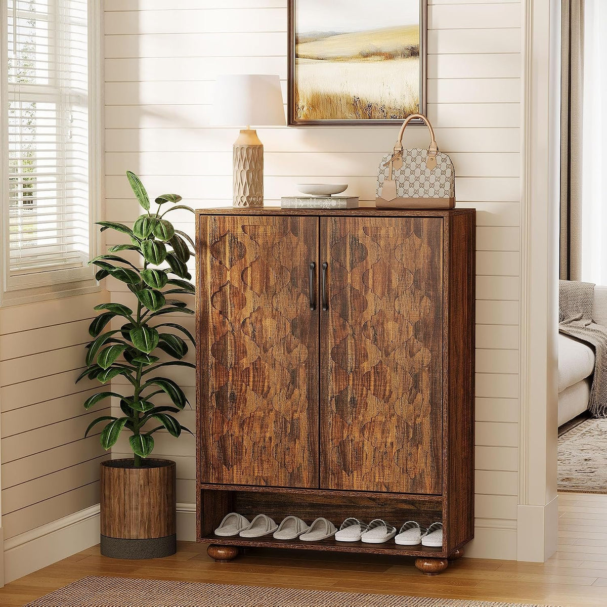 24 Pair Shoe Cabinet with Adjustable Shelves, Farmhouse Entryway Storage