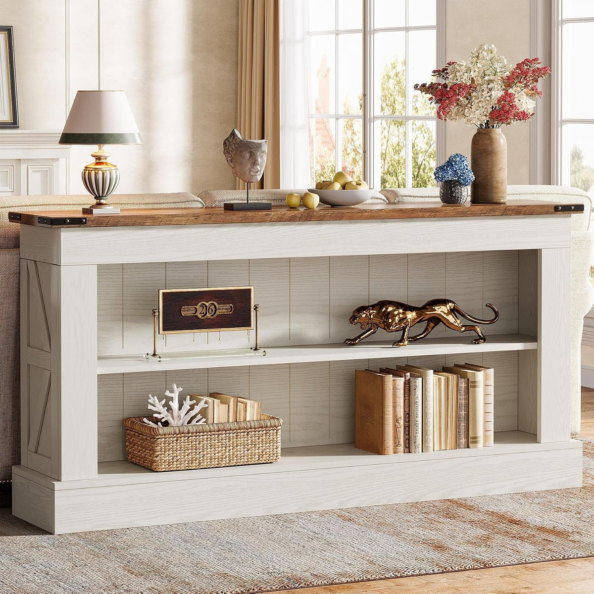 Farmhouse Console Table with 2 Shelves, White & Natural Wood Finish