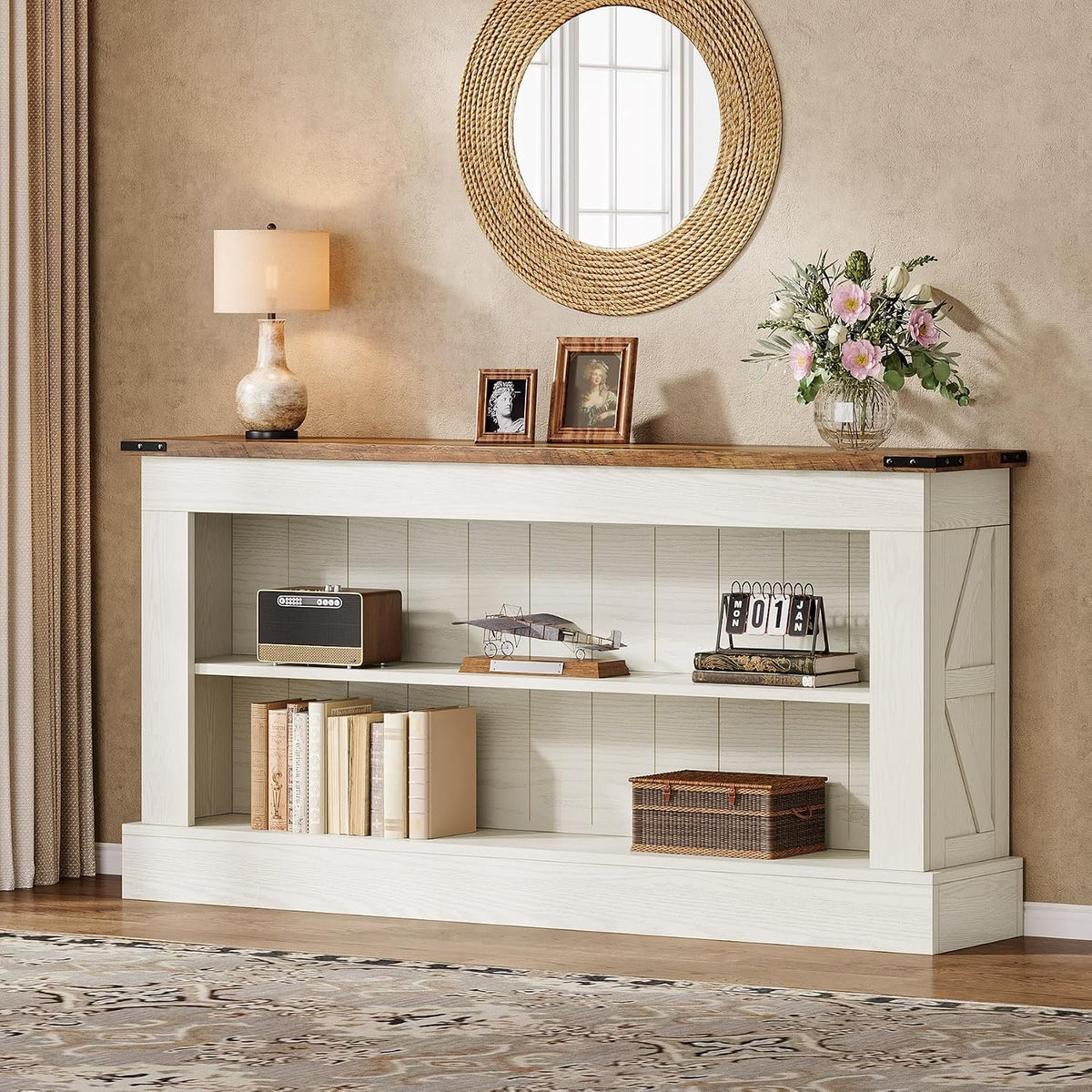 Farmhouse Console Table with 2 Shelves, White & Natural Wood Finish