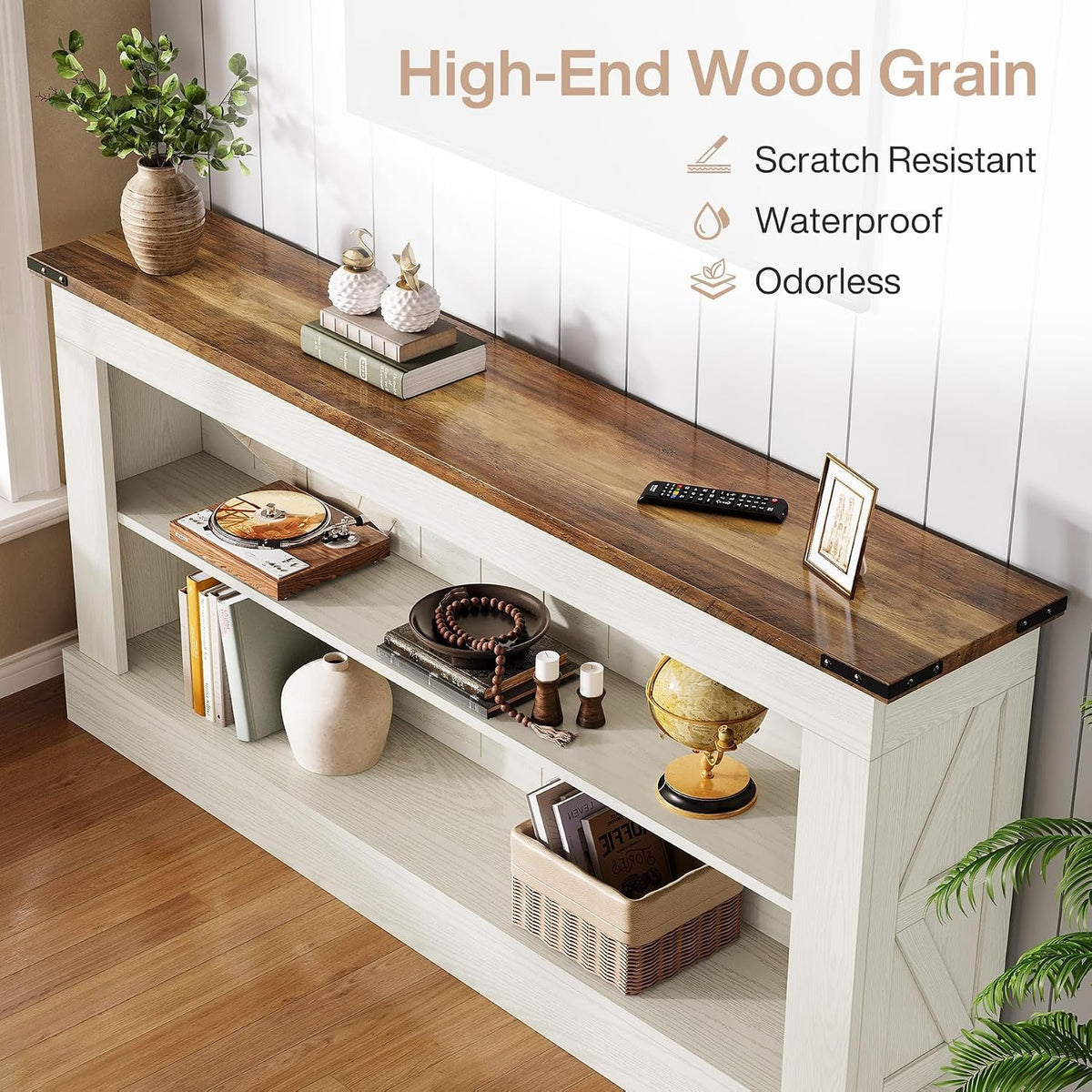Farmhouse Console Table with 2 Shelves, White & Natural Wood Finish