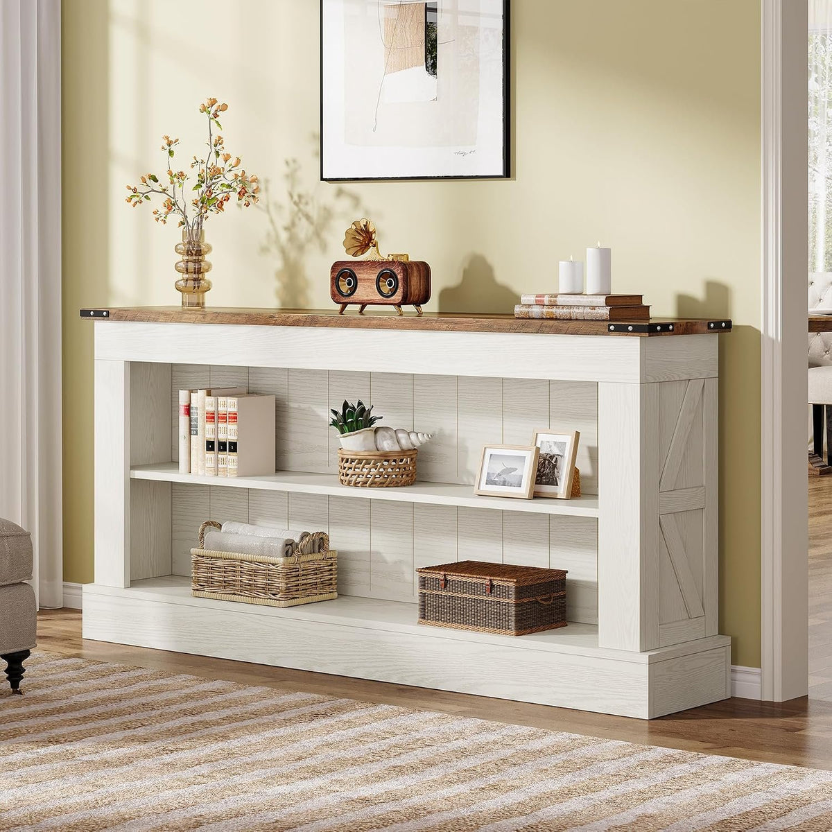 Farmhouse Console Table with 2 Shelves, White & Natural Wood Finish