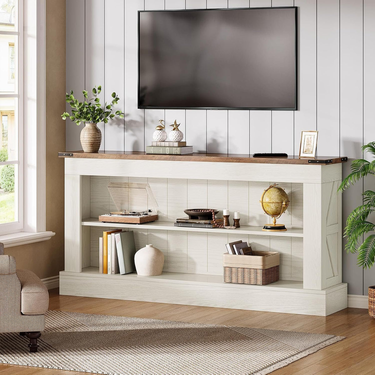 Farmhouse Console Table with 2 Shelves, White & Natural Wood Finish