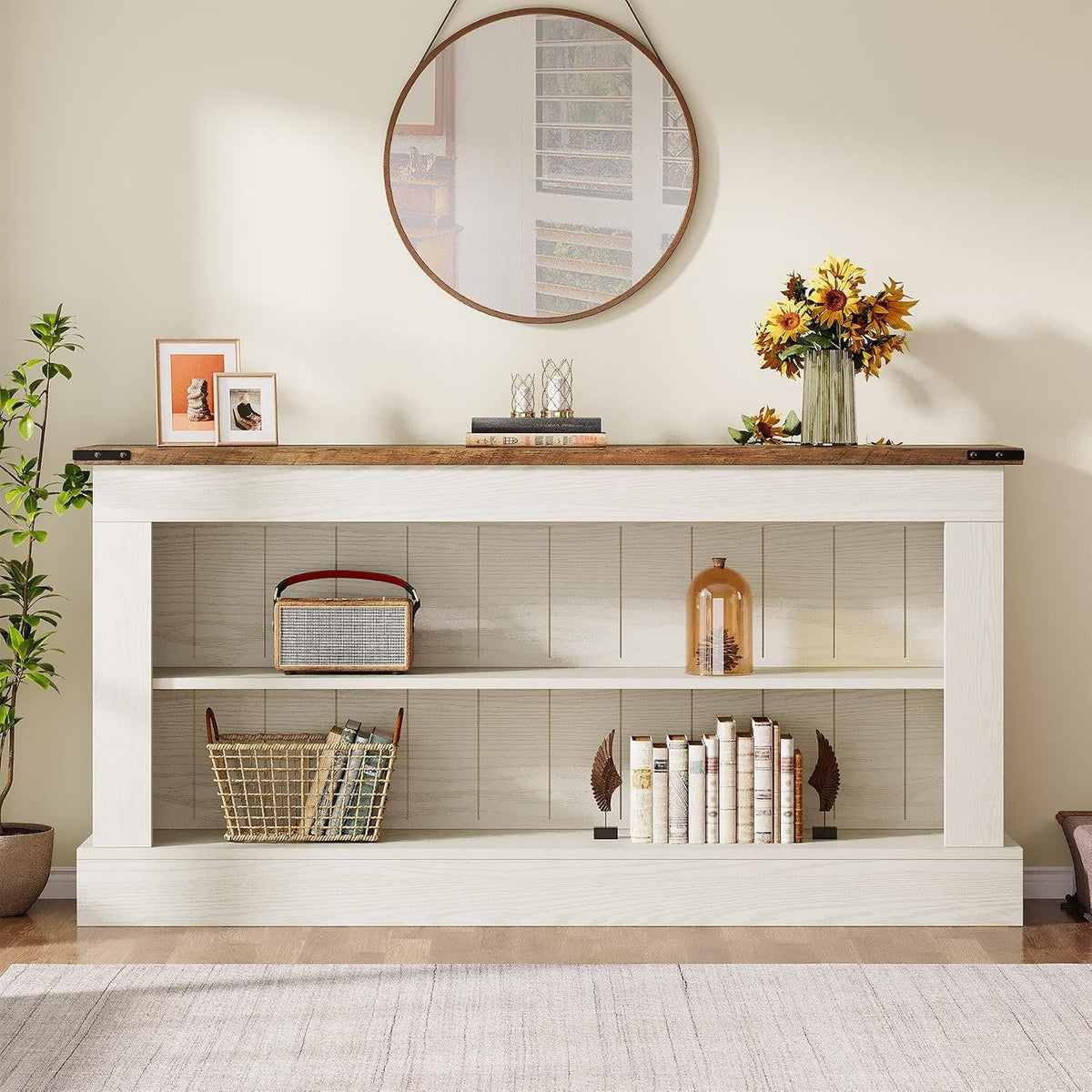 Farmhouse Console Table with 2 Shelves, White & Natural Wood Finish