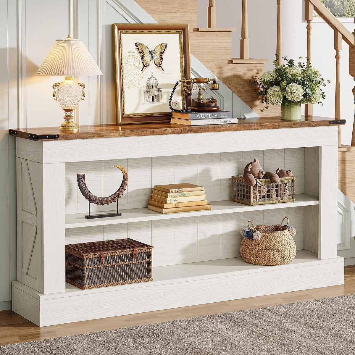 Farmhouse Console Table with 2 Shelves, White & Natural Wood Finish