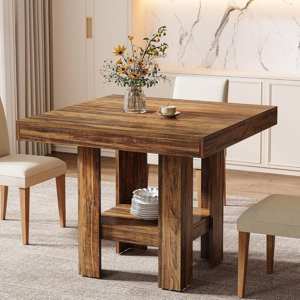 Walnut Dining Table for 4 with Storage Shelf, Modern Kitchen Table