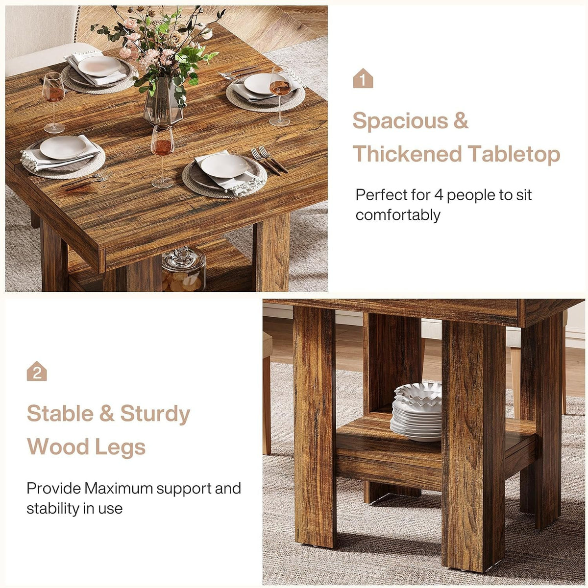 Walnut Dining Table for 4 with Storage Shelf, Modern Kitchen Table