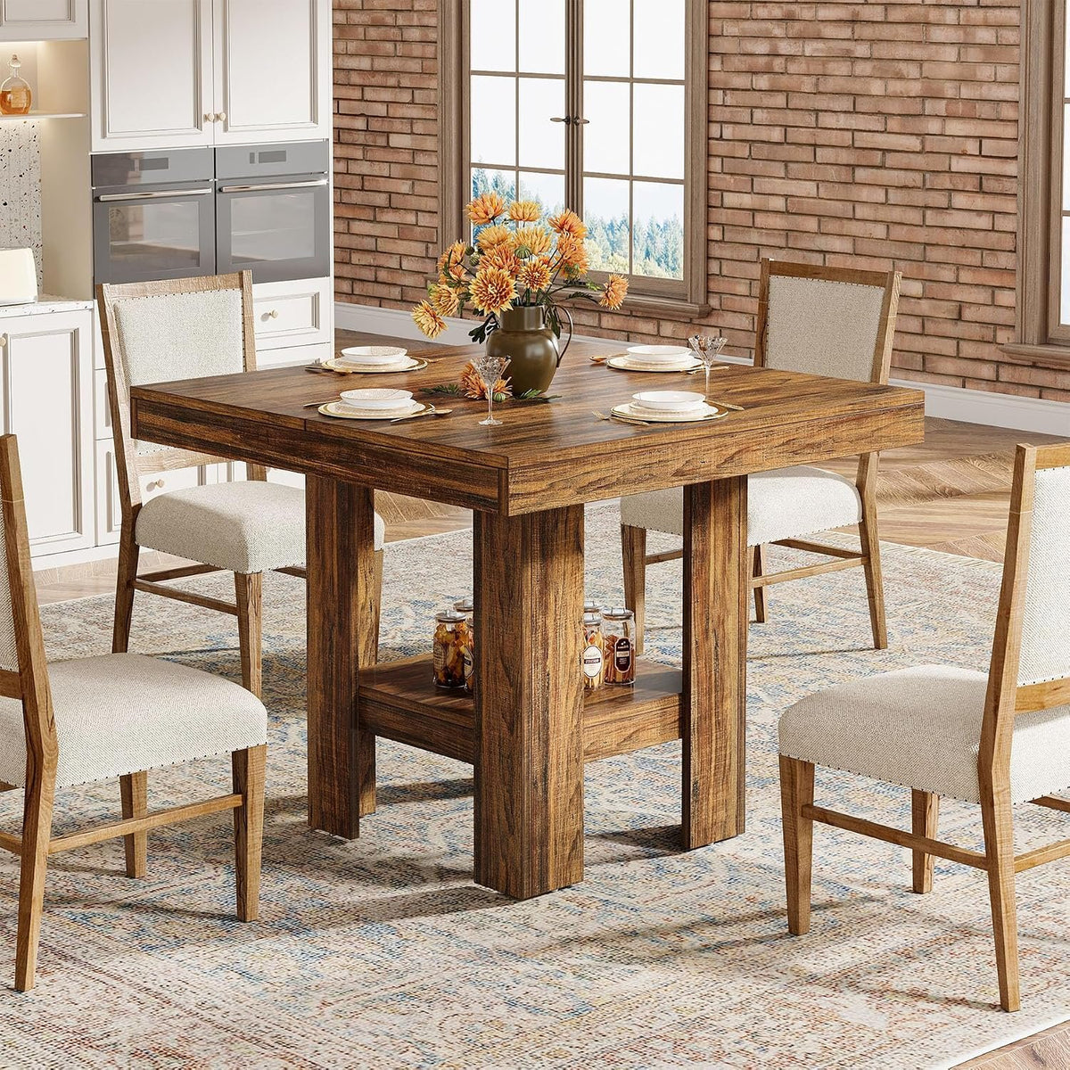 Walnut Dining Table for 4 with Storage Shelf, Modern Kitchen Table