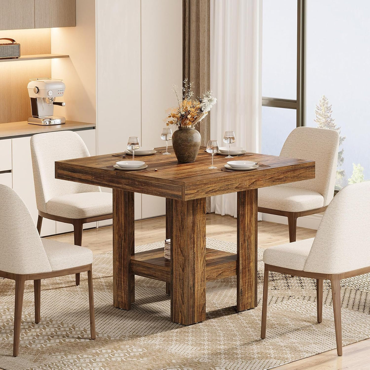Walnut Dining Table for 4 with Storage Shelf, Modern Kitchen Table