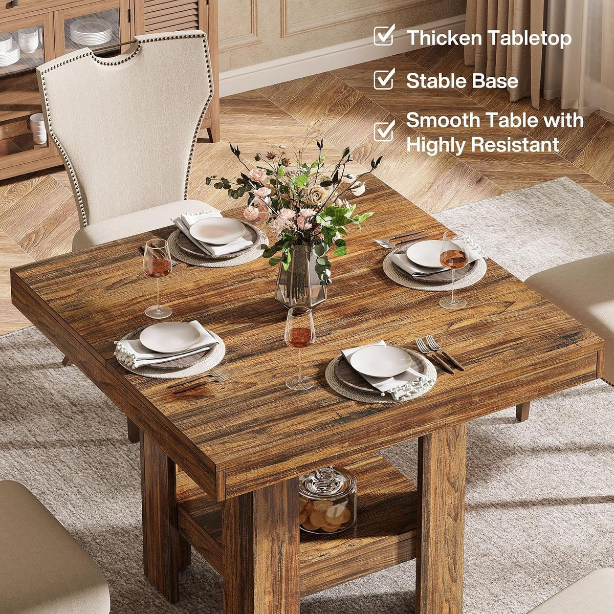 Walnut Dining Table for 4 with Storage Shelf, Modern Kitchen Table