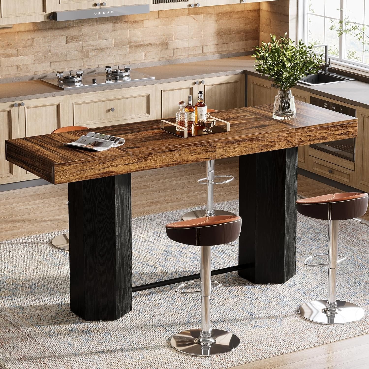 180cm Bar Table with Metal Footrest, Industrial Style Counter Table for Kitchen & Living Room