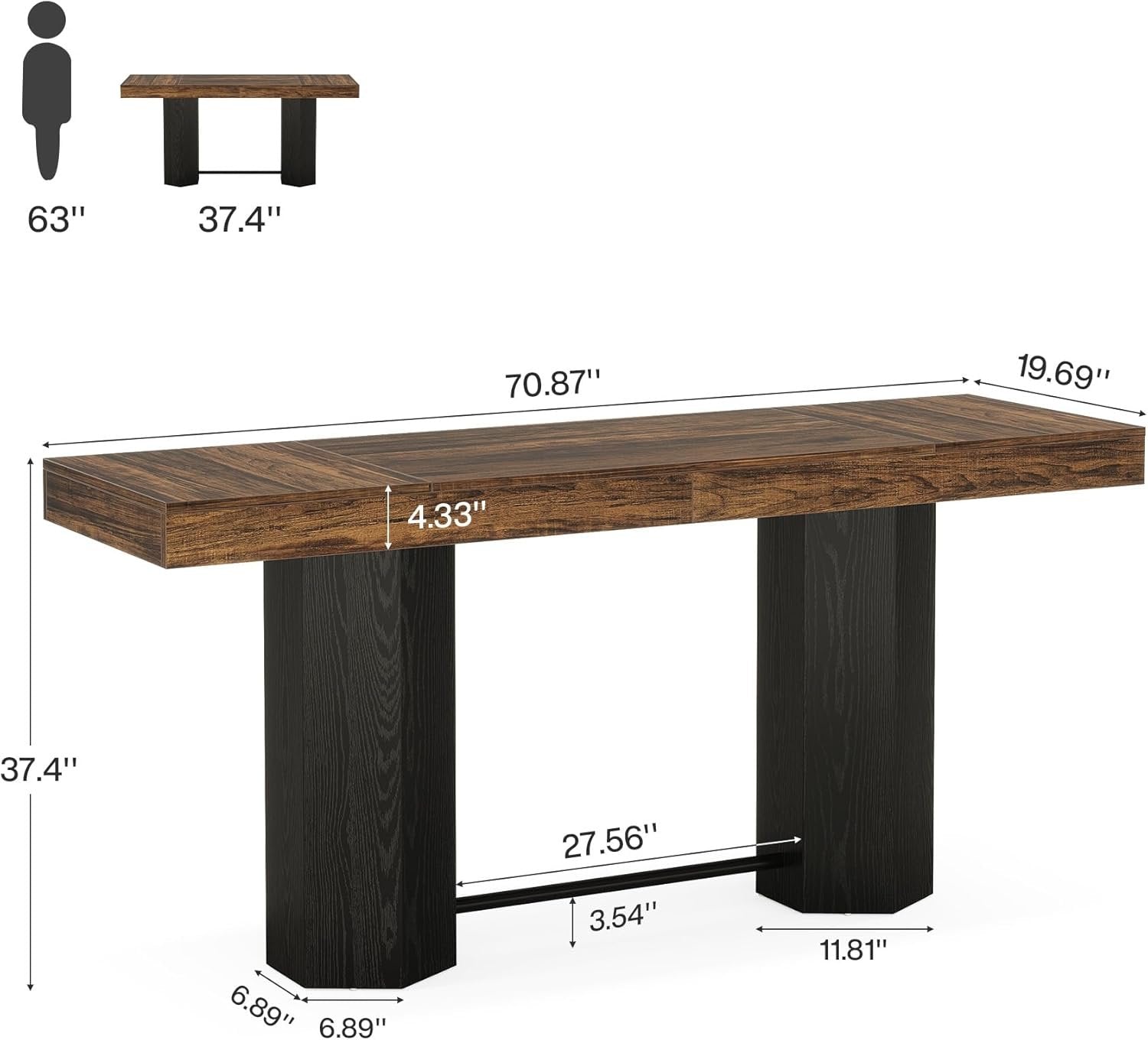 180cm Bar Table with Metal Footrest, Industrial Style Counter Table for Kitchen & Living Room