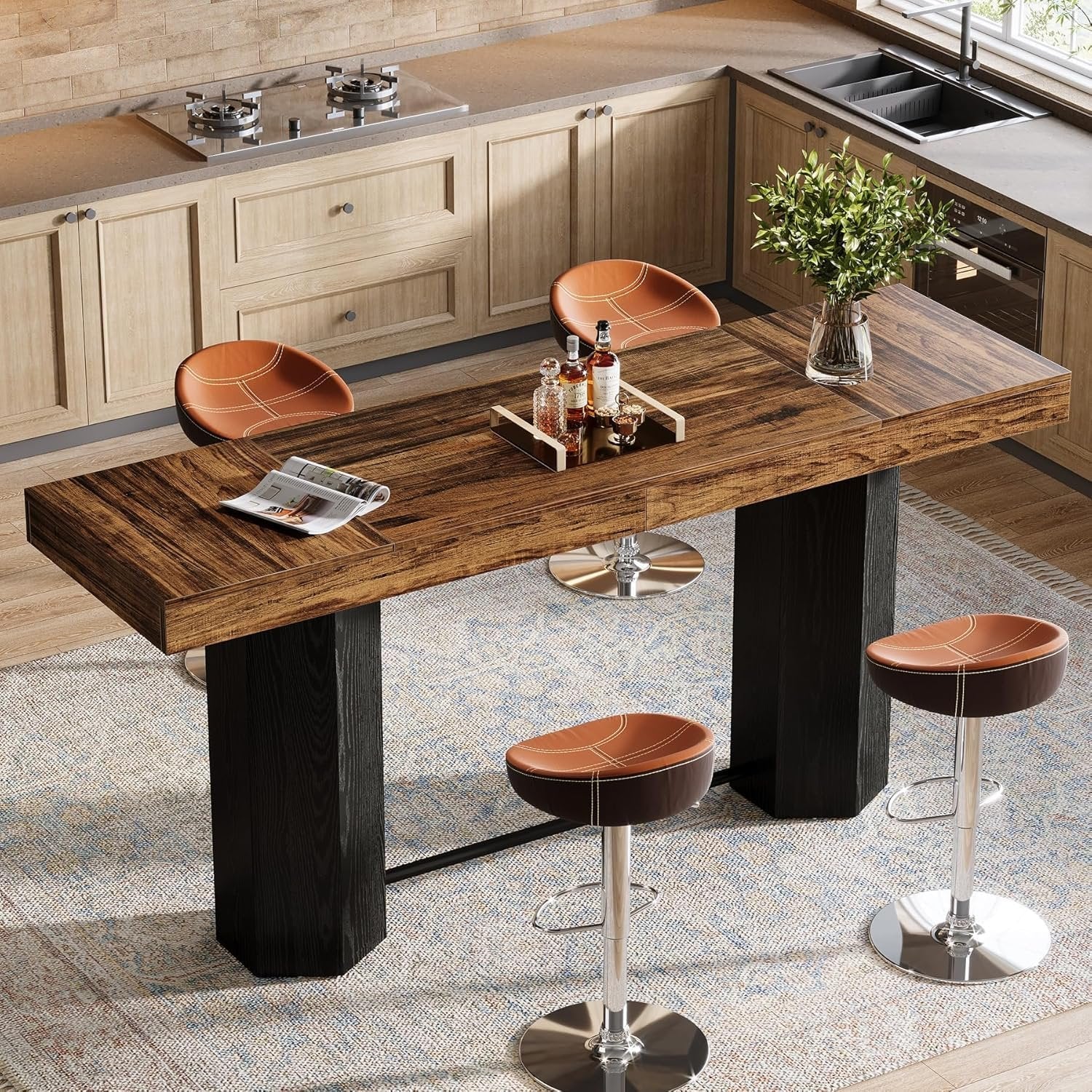 180cm Bar Table with Metal Footrest, Industrial Style Counter Table for Kitchen & Living Room