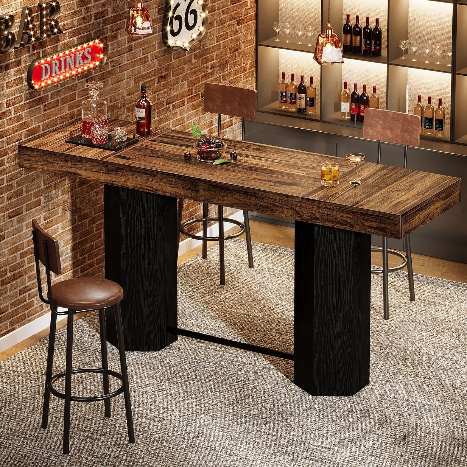 180cm Bar Table with Metal Footrest, Industrial Style Counter Table for Kitchen & Living Room