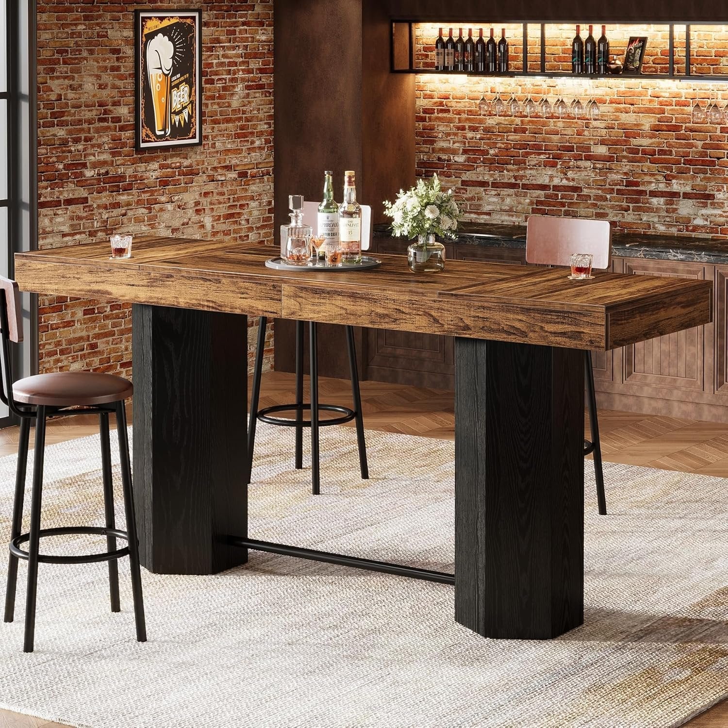 180cm Bar Table with Metal Footrest, Industrial Style Counter Table for Kitchen & Living Room