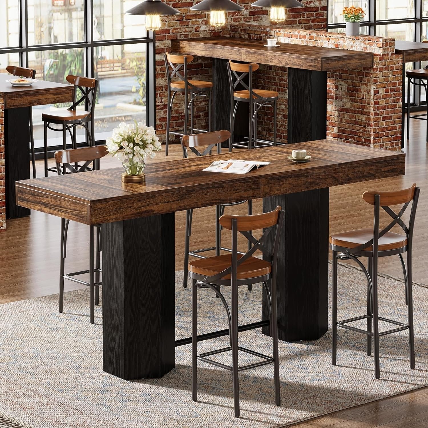 180cm Bar Table with Metal Footrest, Industrial Style Counter Table for Kitchen & Living Room