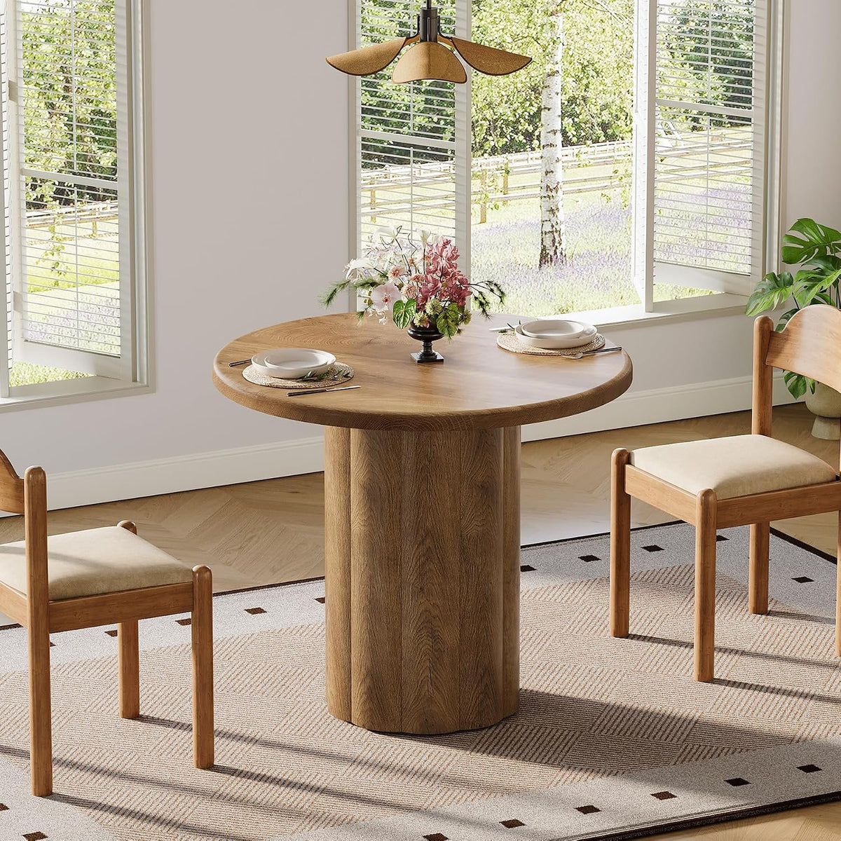 Round Dining Table for 2–4 People, Farmhouse Style with Slatted Base