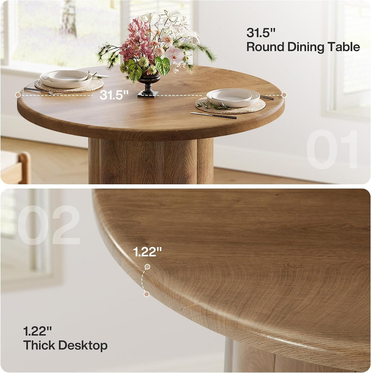 Round Dining Table for 2–4 People, Farmhouse Style with Slatted Base