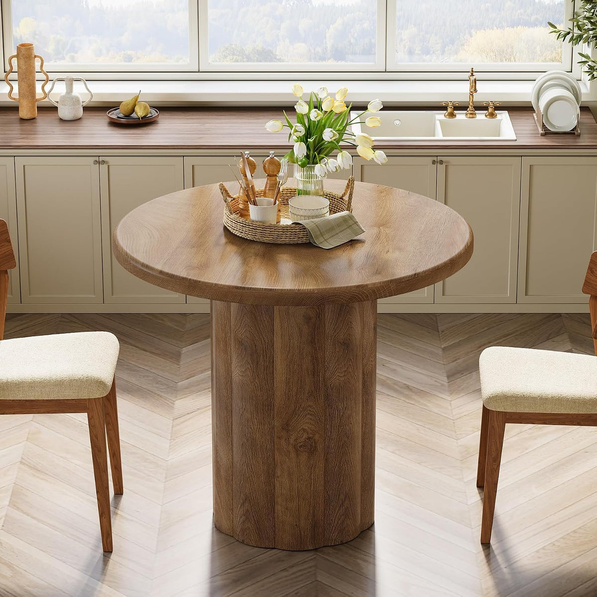 Round Dining Table for 2–4 People, Farmhouse Style with Slatted Base