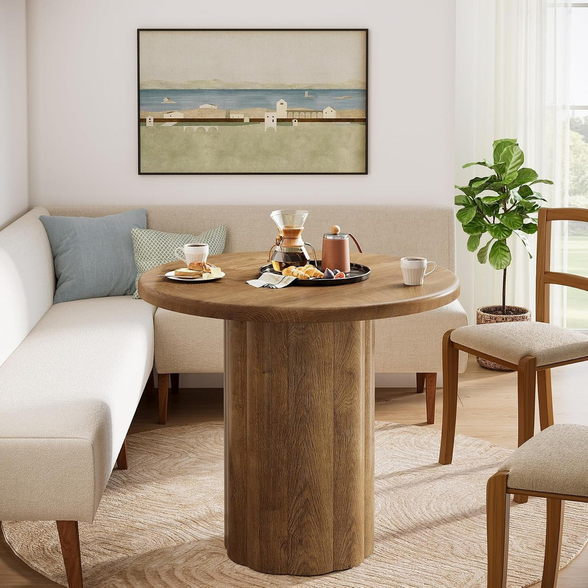Round Dining Table for 2–4 People, Farmhouse Style with Slatted Base