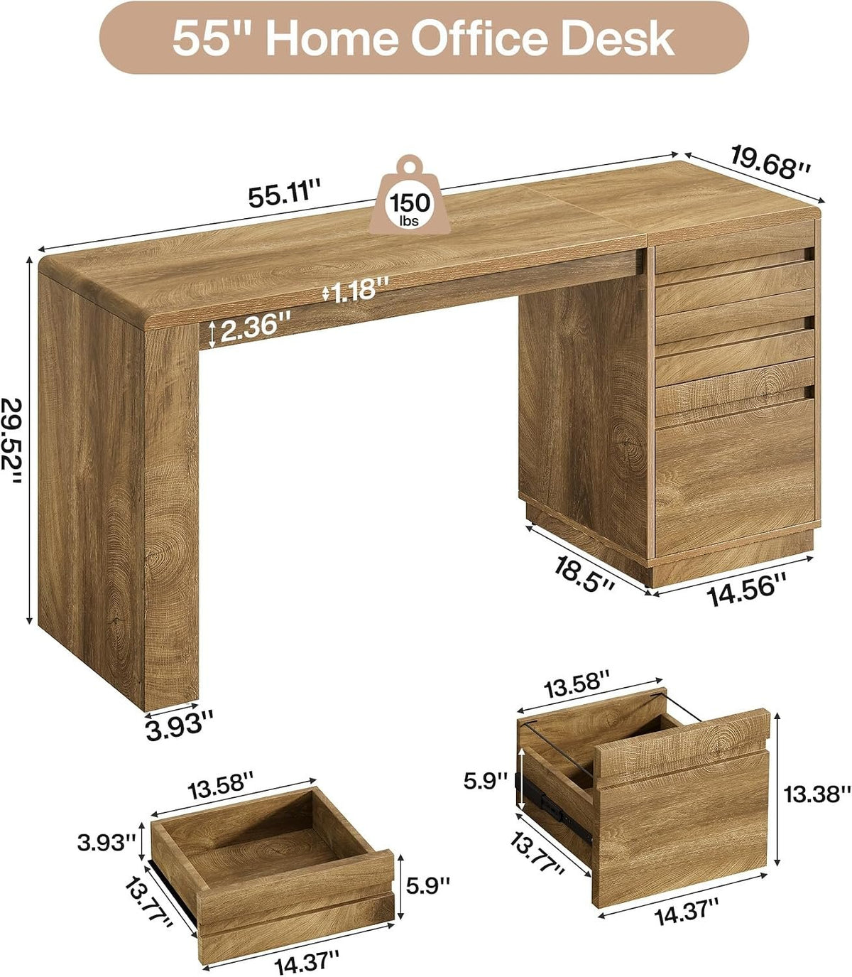 140 cm Farmhouse Office Desk with 3 Drawers, Rustic Computer Desk