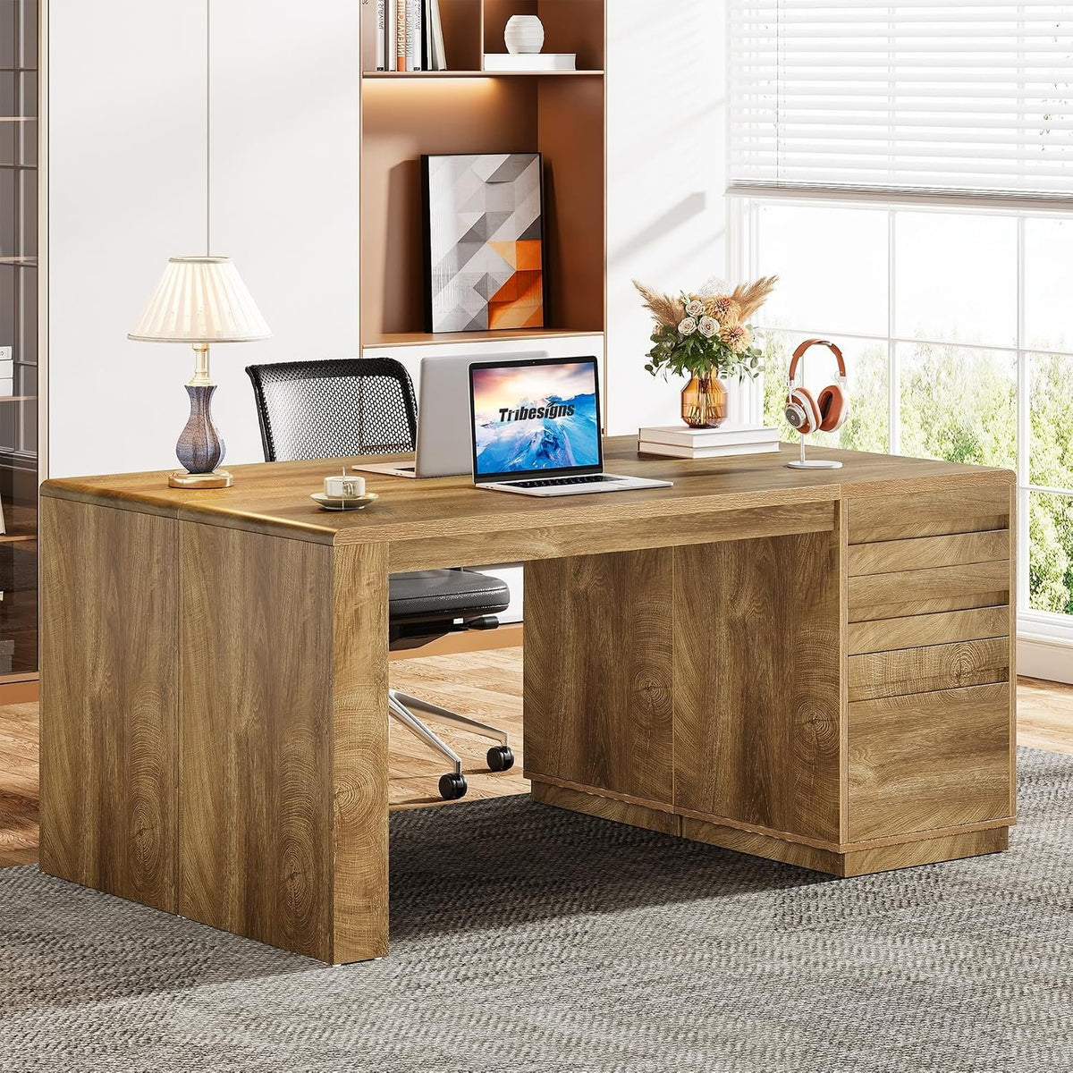 140 cm Farmhouse Office Desk with 3 Drawers, Rustic Computer Desk