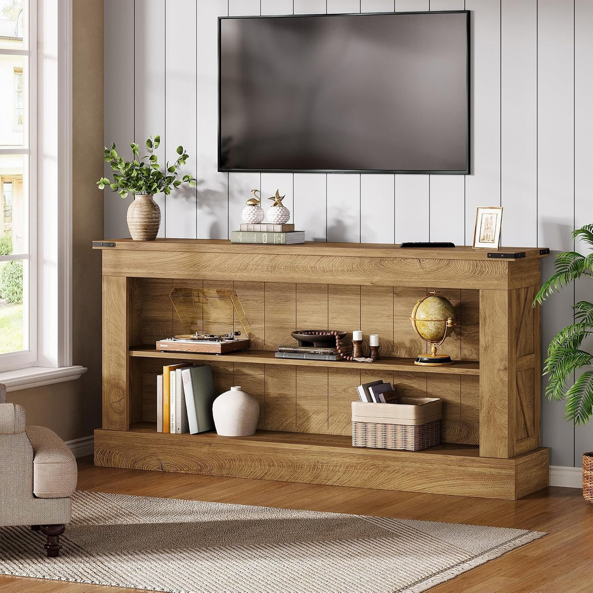 155cm Rustic Wood Console Table with 2 Shelves, Farmhouse Entryway Table