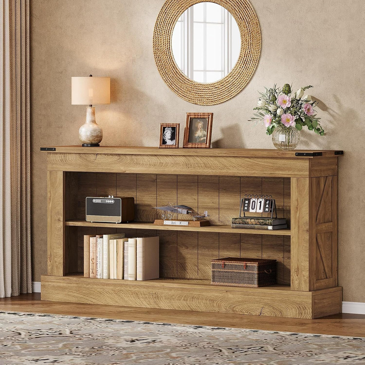 155cm Rustic Wood Console Table with 2 Shelves, Farmhouse Entryway Table