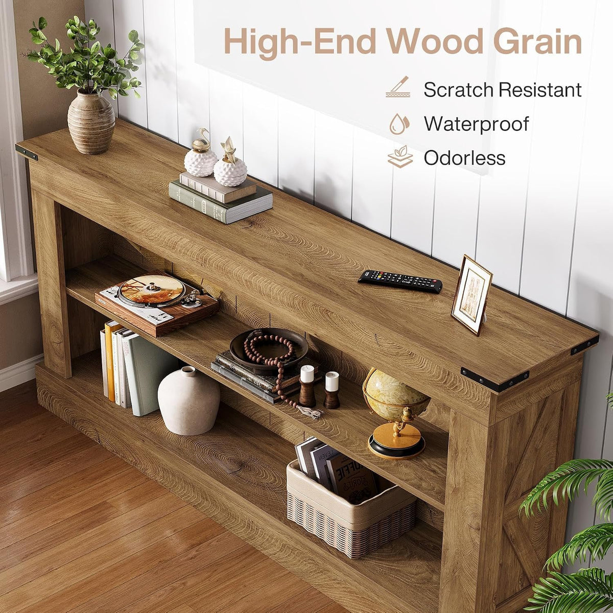 155cm Rustic Wood Console Table with 2 Shelves, Farmhouse Entryway Table