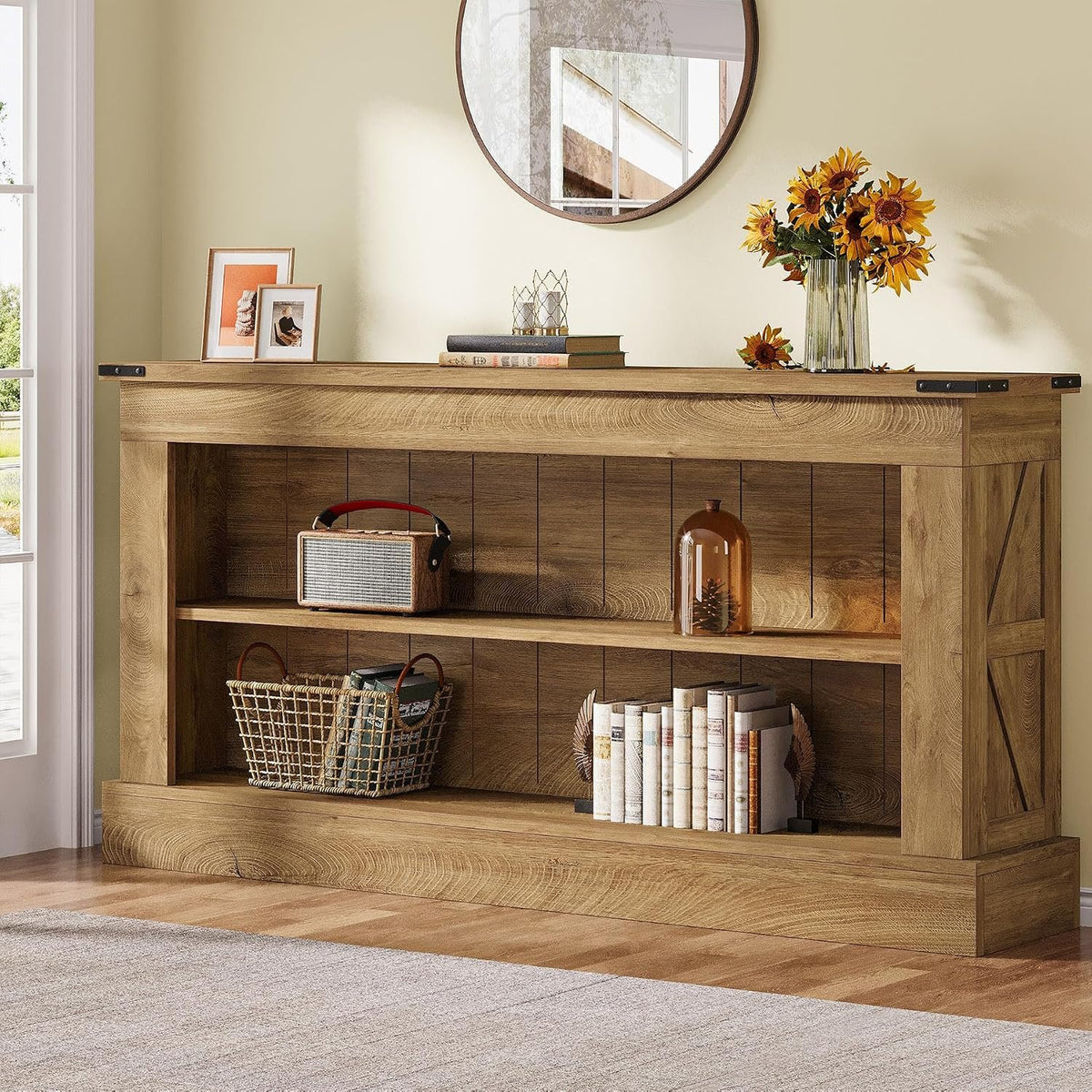 155cm Rustic Wood Console Table with 2 Shelves, Farmhouse Entryway Table