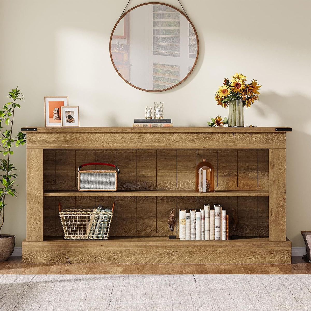 155cm Rustic Wood Console Table with 2 Shelves, Farmhouse Entryway Table