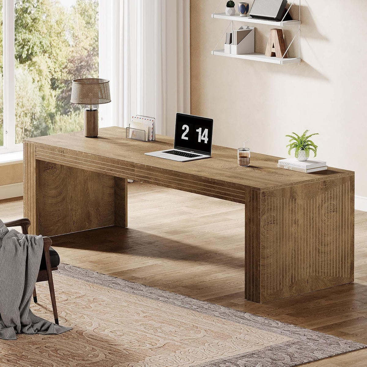200 cm Double Computer Desk, Rustic Brown Extra-Long Office Desk