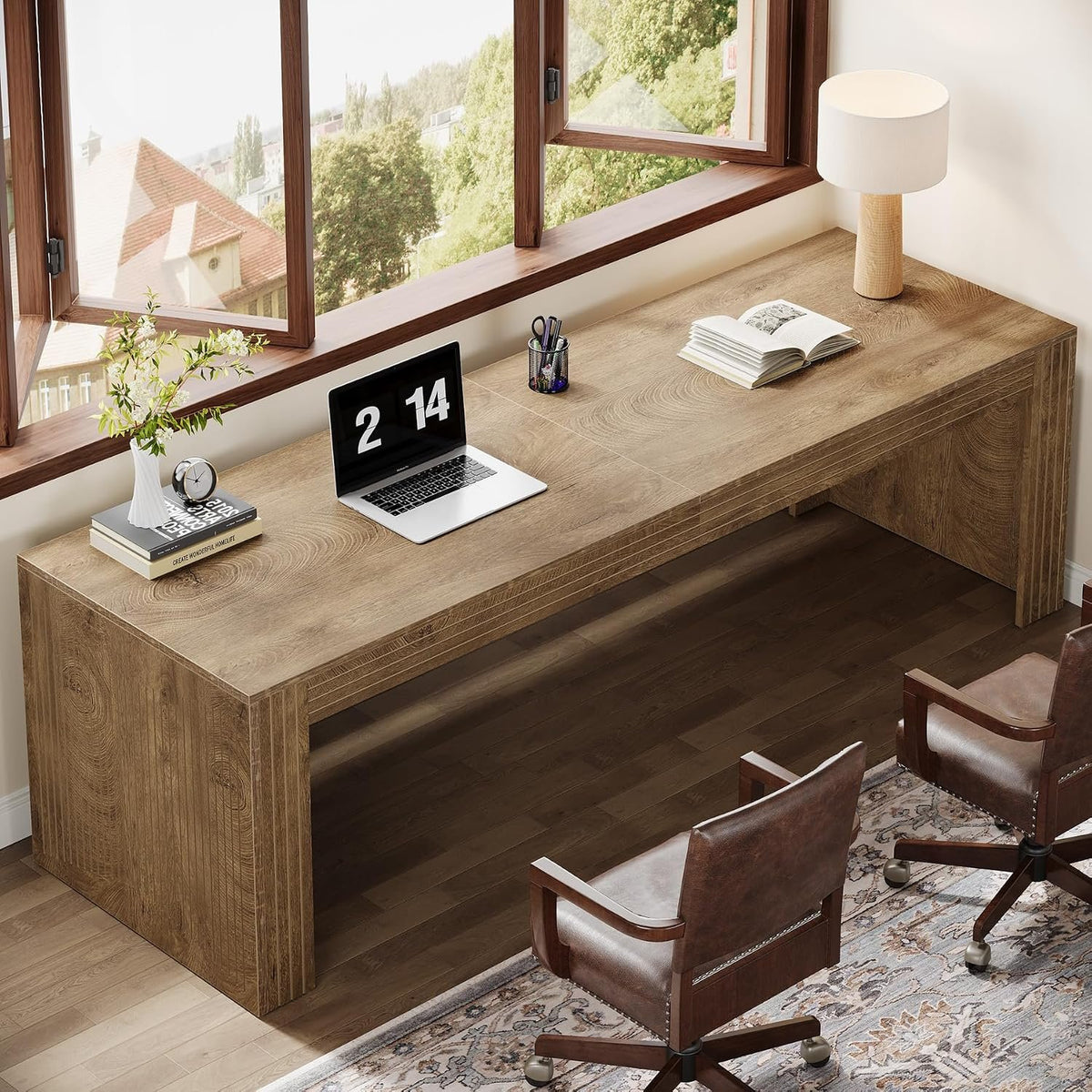 200 cm Double Computer Desk, Rustic Brown Extra-Long Office Desk